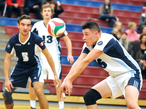 Team captain Taylor Hammond makes a pass for the Capilano Blues in their PacWest season opener Friday against Douglas College. The third-year outside hitter will be a key contributor for a team that lost all of its starters from last year.