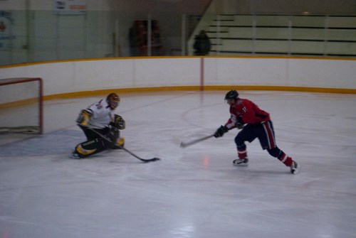 Dallas Lequyer has a breakaway attempt on the Carnduff goaltender.