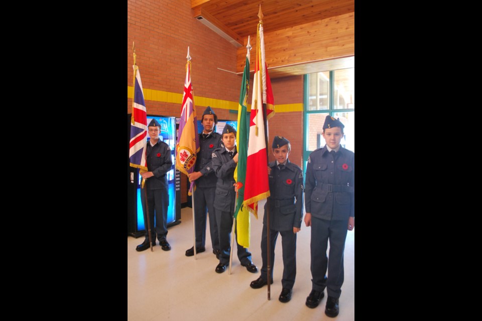 These young cadets took pride in carrying the flags during the Gordon F. Kells and Carlyle Elementary School Remembrance Day service held on Nov. 9.