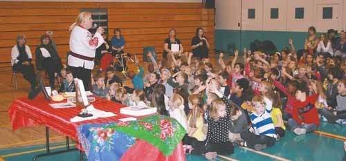 Saskatchewan author Marion Mutala, who draws on the rich Ukrainian heritage in her new set of children&#8217;s books, spoke to students at St. Michael&#8217;s School last week. (See related story)