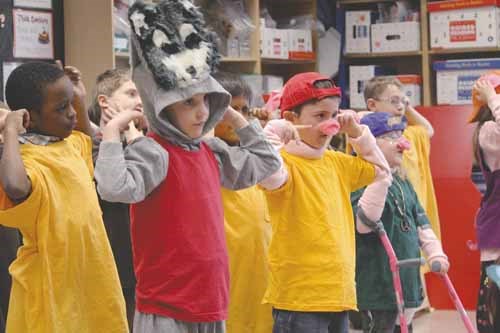 Five groups of Grade 1 students prepared French productions of The Three Little Pigs (Les Trois Petits Cochons) at St. Michael&#8217;s School this month. Each group gave multiple performances of the show, including this one in class for parents and older students over noon last Thursday.