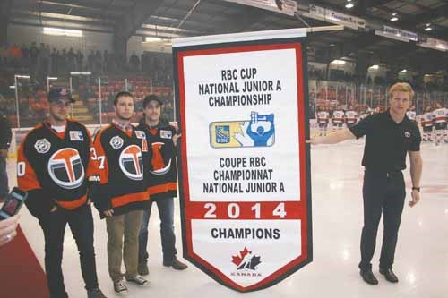 The Yorkton Terriers kicked off the new Saskatchewan Junior Hockey League season on the weekend, including the home opener Saturday versus Weyburn. Before the start of the game the team raised the RBC banner emblamatic of their National Junior &#8216;A&#8217; championship. Here Kale Thomson, Tyler Giebel, Derek Falloon and John Odgers, members of last year&#8217;s team help with the ceremony. The Terriers also raised five additional banners marking their league-leading regular season, SJHL division crown and championship, the SAHA Junior &#8216;A&#8217; banner, and the Western Canada Cup championship.