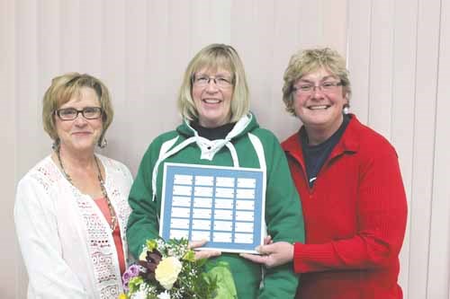 Carol Bobowski was recently given the Elsie Phillips Spirit of Golf Award while attending a wine and cheese night at the Deer Park Golf Course. Bobowski has been a very active member at the club for nearly 30 years. L to r: Susan Wrobell, Carol Bobowski, Deb Pryslak.
