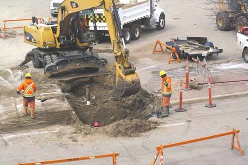 A City crew undertakes repairs to the water system on Third Avenue April 15. The work was not necessitated by a break, but is indicative of the aging and crumbling infrastructure of downtown Yorkton.