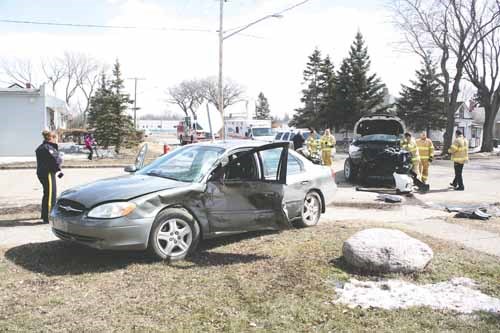 On April 9, the driver of a pickup travelling north on Maple Avenue ran a stop sign broadsiding a car westbound on Darlington Street. The female driver of the car had to be extracted firefighters using the jaws of life, but sustained only non-life threatening injuries for which she was transported to Yorkton hospital.