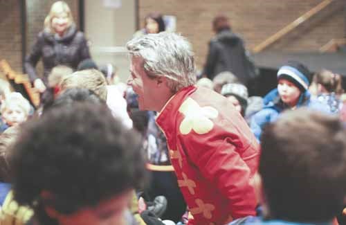 Gordon Tanner, one of the stars of Prairie Theatre Exchange&#8217;s Magical Mystery Munsch, based on stories by Robert Munsch, ventures into the audience at Yorkton Regional High School Monday to answer questions from K-3 public school students.