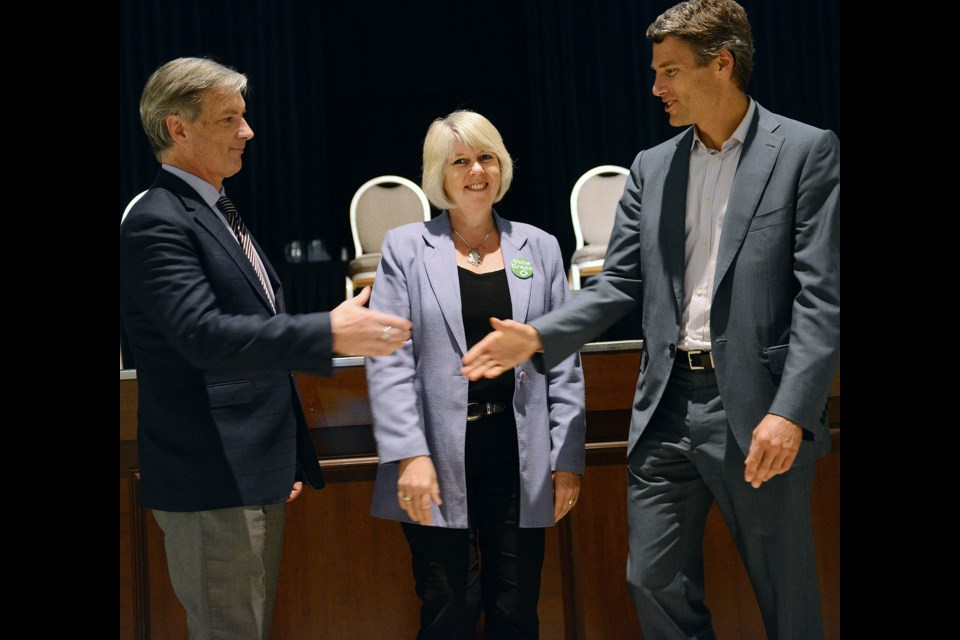 Green Party Coun. Adriane Carr (centre) is buoyed by the results of a recent poll that shows her to be the most popular councillor in a race that includes NPA mayoral candidate Kirk LaPointe and Mayor Gregor Robertson. Photo Dan Toulgoet