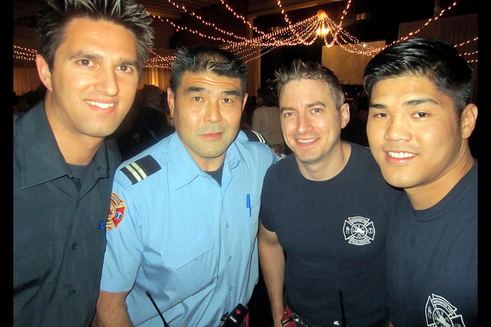 Firefighters, from left, Dan Radke, Kane Morishita, Alex Robertson and Nick Lo’s hotly contested firemen’s dinner fetched more than $16,000 for the newly opened 6-bed, Vancouver hospice, which provides compassionate end-of-life care for those facing death and bereavement.