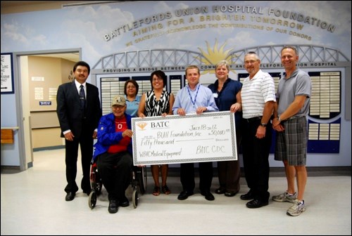The Battlefords Agency Tribal Chiefs Community Development Corporation made two major donations Wednesday. The first, to the Battlefords Union Hospital Foundation, was $50,000 for equipment for BUH&#8217;s women&#8217;s health and birthing centre. The money will be put towards purchase an infant incubator and two LED phototherapy systems, which are blankets covered in LEDs used to treat jaundice in newborns. From left to right: Kelly Atcheynum, GM of Gold Eagle Casino, Chief Ben Weenie of the Stony Knoll Young Chippewayan First Nation, Vivian Whitecalf, BATC CDC acting general manager, Chief Lori Whitecalf, chief of Sweetgrass First Nation, Chris Etcheverry, nurse manager, Shelly Horsman, director of Acute Care, Jerry Wintonyk, BUHF board chair and city councillor Don Buglas.