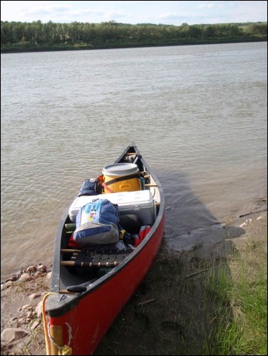 The packed canoe is ready for adventure.