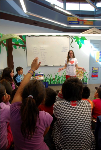Regional Optimist columnist Danica Lorer was at Connaught School leading a storytelling workshop Wednesday morning as part of her duties as a Culture Days organizer. Lorer explained the art of storytelling to students and told them some fishermen&#8217;s tales. There will be four Culture Days events in the Battlefords over the last weekend of September. For more information turn to page 17 or visit culturedays.ca.