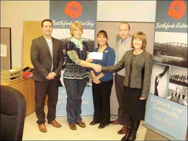 Recently the Battlefords United Way received a cheque for $3,000 from RBC Royal Bank in North Battleford as part of the United Way business campaign. Left to right are: Brendon Boothman, United Way board member and investment advisor for RBC Dominion Securities;, Karen Martel, executive director of the United Way; Renee Libbey, who is a senior account manager for RBC Royal Bank; and Mackenzie Driscoll and Karen Benjaminson, who are both commercial account managers for RBC Royal Bank.