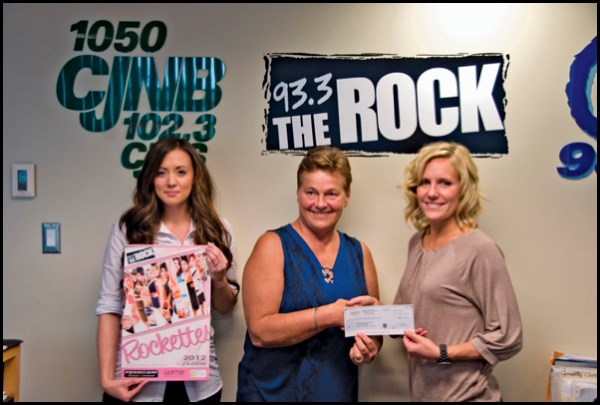 A total of $4,341.30 was donated to the Canadian Cancer Society from the sale of Rockettes calendars, and 93.3 The Rock was presenting the Canadian Cancer Society with the cheque October 4. From left to right, Mandee Forester, advertising consultant, Janice Foley, unit Manager at the Canadian Cancer Society branch in Battleford and Jayna Hannah, sales manager at 93.3 The Rock.