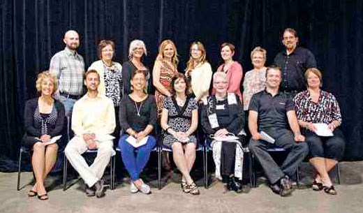 At the annual Living Sky School Division Service Awards Employee Service Recognition Celebration May 24, employees who have reached the five year milestone were honoured. Standing, left to right, Brent Clarke, Laura Sieben, Lesley Smith, Jill Chenard, Sharon Wright, Stacey Nelson, Lorraine Stenerson, Micheal Hagel. Seated, left to right, Irene Bowker, Corey Bales, Kimberlee Schlageter, Dawnlyn Delainey, Lynette Freeman, Joshua Radchenko, Pamela Hellofs.
