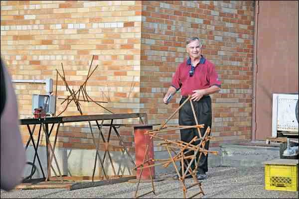 Sculptor Chris Hodge of North Battleford has participated in all the Prairie Sculptors&#8217; Symposia that have been held at the Chapel Gallery, in the years 2005, 2007, 2009, 2011 and 2014. This year he was experimenting with rebar triangles. Hodge has an extensive involvement in the arts community and local arts organizations, including the Battlefords Art Club, the Battlefords Photo Club and the Battlefords Allied Arts Council. He is also a founding member of the Artquest group of Saskatoon.
