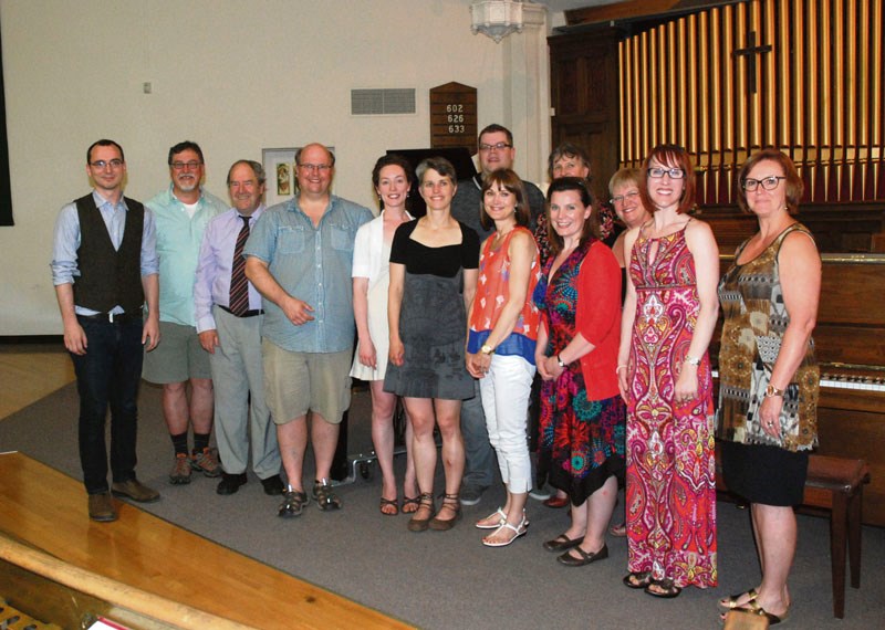 Speech arts, opera and piano for two, four and eight hands were on the program for a world-class concert Tuesday evening at Third Avenue United Church in North Battleford. Performing were the staff of this year&#8217;s Summer School for the Solo Voice. From left to right are jazz specialist Paul Suchan of Montreal, choirmaster Laurence Ewashko of Ottawa, pianist and arranger Geoffrey Pratley of Cambridge, England, charter faculty member Chris Kelly of Saskatoon, master accompanist and jazz stylist Naomi Piggot of Montreal, collaborative pianist Dr. Laura Loewen of Winnipeg, pianist and performance coach Mark Turner of Saskatoon, pianist Bernadette Fanner of Saskatoon, pianist and accompanist Jaya Hoy of Saskatoon, soprano soloist Karen Charlton of Saskatoon, singer and speech artist Heather Macnab of Maple Creek, concert artist and professor Bonnie Cutsforth-Huber of Pennsylvania and voice teacher Joy McFarlane-Burton of Saskatoon. Not pictured is otolaryngologist Dr. Rick Gore-Hickman who teaches classes each year on the health and care of the vocal instrument.