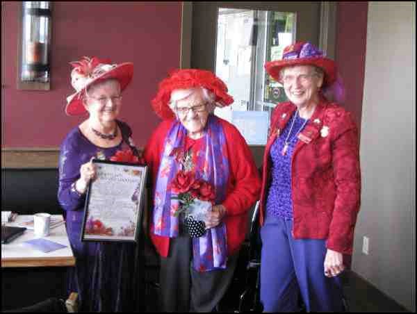 There were Red Hats aplenty at O'Grady's Restaurant at the North Battleford Golf and Country Club Wednesday afternoon. The Battlefords Belles gathered celebrate the 15th anniversary of the Red Hat Society with the presentation of special pins and to proclaim Jessie Kuttai (centre), now 102 years old, as a life member of the chapter. Queen Evelyn McKay (left) said Kuttai has been a member of Battlefords Belles since 2004 when it chartered. Guests for the afternoon were the Classie Cardinals, whose Queen, Vivian Seib (left), presented Kuttai with a pin from their charter in honour of her life membership. Kuttai says "you're only as old as you think you are," and she likes 39 and a half. McKay said Kuttai is a perfect example of a Red Hatter, enjoying life, laughing a lot and loving a lot. The Red Hat Society is a global society of women that connects, supports and encourages women in their pursuit of fun, friendship, freedom, fulfillment, and fitness.