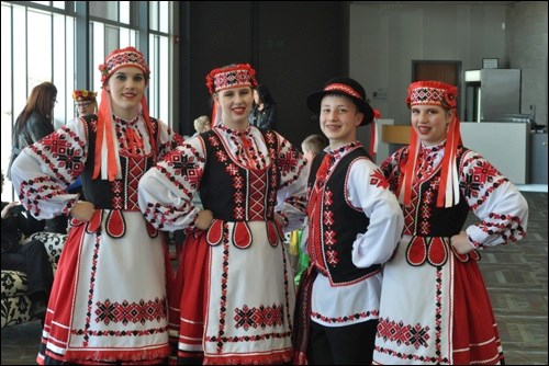 The Lloydminster Malanka Dancers pose before their session Friday afternoon at the Svoboda Ukrainian Dance Festival. The event, taking place at the Dekker Centre for the Performing Arts, had sessions running all weekend. It was also home to traditional dishes like perogies, cabbage rolls, sausages and borsch.