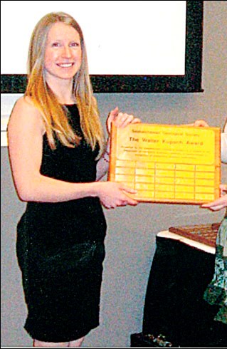 Britni Brenna, a geology student at the University of Saskatchewan, has earned the Walter Kapusch Award. This award is presented annually by the Saskatchewan Geological Society to the top fourth year student in the geology department at the U of S.