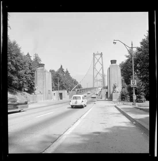 The Lion's Gate bridge southern entrance in Stanley Park. Vancouver Public Library: Accession Number 41405