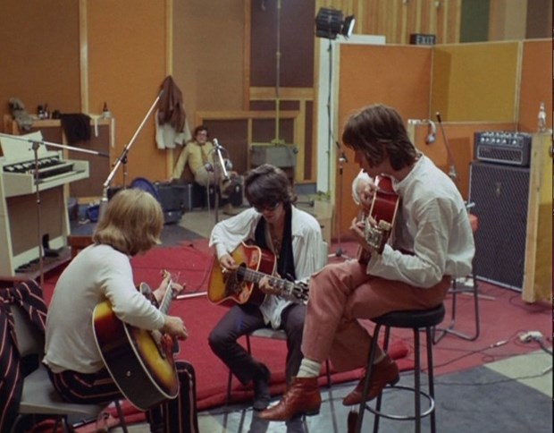 Brian Jones, Keith Richards and Mick Jagger rehearse at Olympic Studios in June 1968 while recording Sympathy for the Devil.
