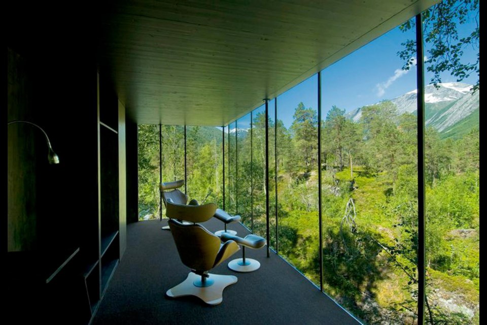 Cabins are the camera and the landscape is the image at Juvet Landscape Hotel.