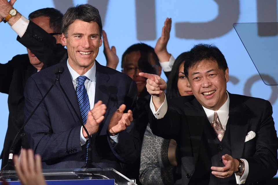 More than 500 Vision supporters at the Wall Centre Saturday night celebrated Gregor Robertson’s third straight win as mayor. "I'm so humbled and honoured to have been re-elected as your mayor," he told the cheering crowd. photo Dan Toulgoet