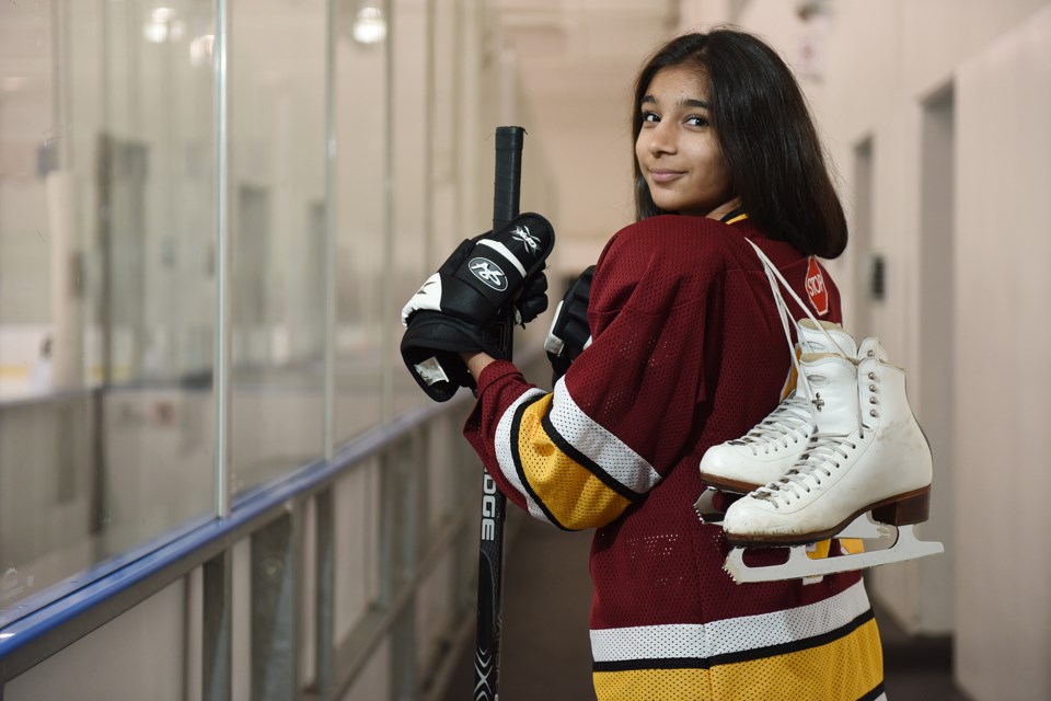 Hannah Janda, 13, is a forward with the Vancouver Angels. She started playing hockey in September after a decade as a competitive figure skater. Photo Dan Toulgoet