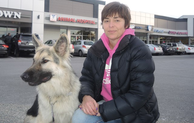 Shelley Smith with a now fairly healthy, two-year-old Magnum outside Dr. Dabri’s Dear Animal Hospital at Blundell Centre. Smith is almost $14,000 out of pocket and now can’t get any insurance for her dog.