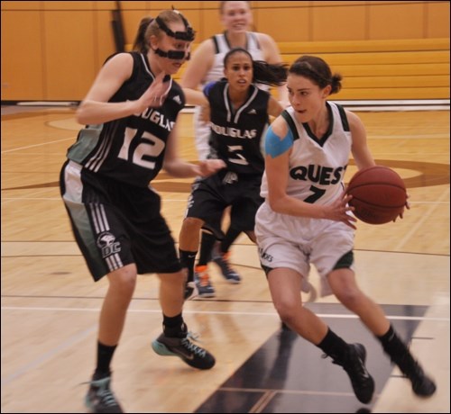 Quest's Andrea Eidsvik drives to the hoop against Douglas College in Ƶappon Friday (Nov. 21).