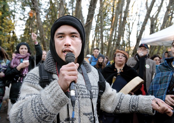 Tamp Campos address media Sunday, three days after his arrest for violating a court injunction prohibiting people from interfering with Kinder Morgan's survey work on Burnaby Mountain. Campos, who grew up in North Vancouver and is the grandson of David Suzuki, thanks activists for their fight against the Trans Mountain pipeline.