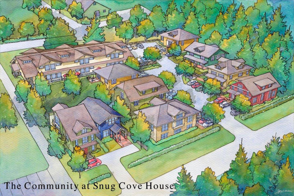 Six of the lots on Snug Cove House land are zoned to be duplexes, the other three will be for single family homes. A large sign with the above vision for the Snug Cove House lands will be placed alongside the property on Miller Road.