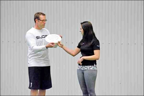 Saskatoon Ultimate Discsport Society general manager Ryan Cey led an Ultimate Frisbee clinic at the NationWEST Field House Sunday morning.