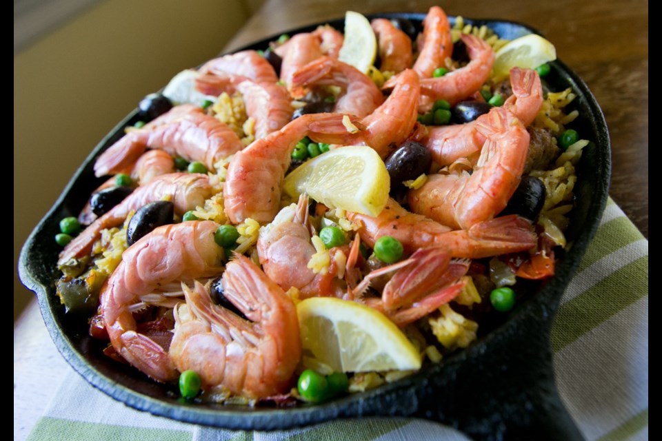 Succulent spot prawns star in this paella. This Spanish-style rice dish gets a taste of B.C. with local spot prawns.
