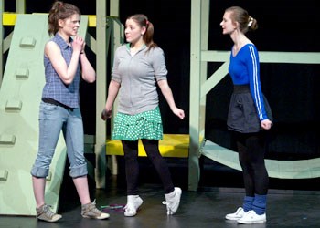The Saskatchewan Drama Association (SDA) 2012 Region 4 High School Drama Festival was held at Sacred Heart High School recently and when all was said and done, Sacred Heart&#8217;s production of Schoolyard Games, directed by Gregory Digout, was chosen as Best Overall Production. Pictured above, Angeline Stankewich, Bailey Lemcke, and Danielle Hansen perform in a scene from Schoolyard Games.