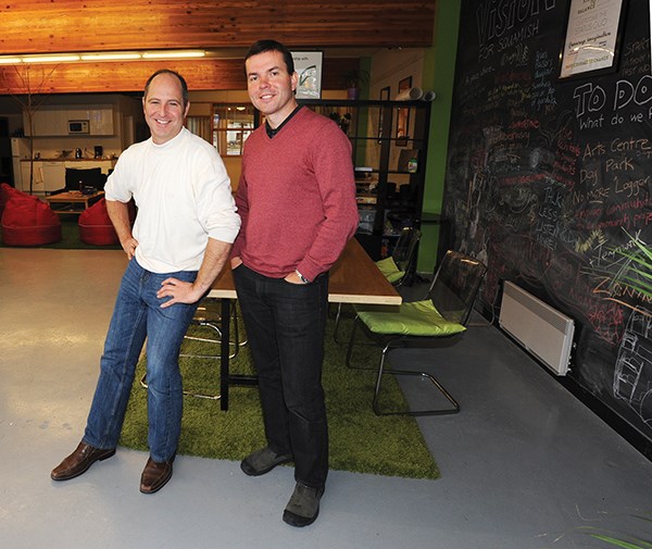 David Crewson, left, and Mario Gomes at the StartUp Squamish location at the corner of Cleveland and Pemberton Avenue.