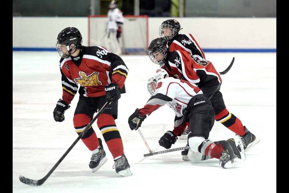 Tripping penalty.
Burnaby bantam C1 vs New WEstminster bantam C3 in Presidents League Orange ice hockey at Moody Park arena.
11-07-14