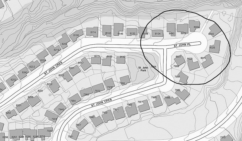A screen capture taken from the City of Prince George's mapping software shows even and odd house numbers on the same side of the street (circled) on St. John Crescent and St. John Place.