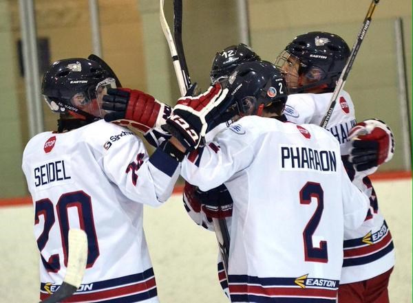 Gary Dhaliwal celebrates what proves to be the game winning goal for the Greater Vancouver Canadians in a 4-2 triumph over the Cariboo Cougars.