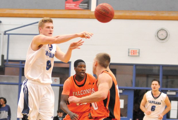 Capilano's Andrew Morris makes a pass during a recent PacWest game. The physical forward is the only returning player from last year's team.