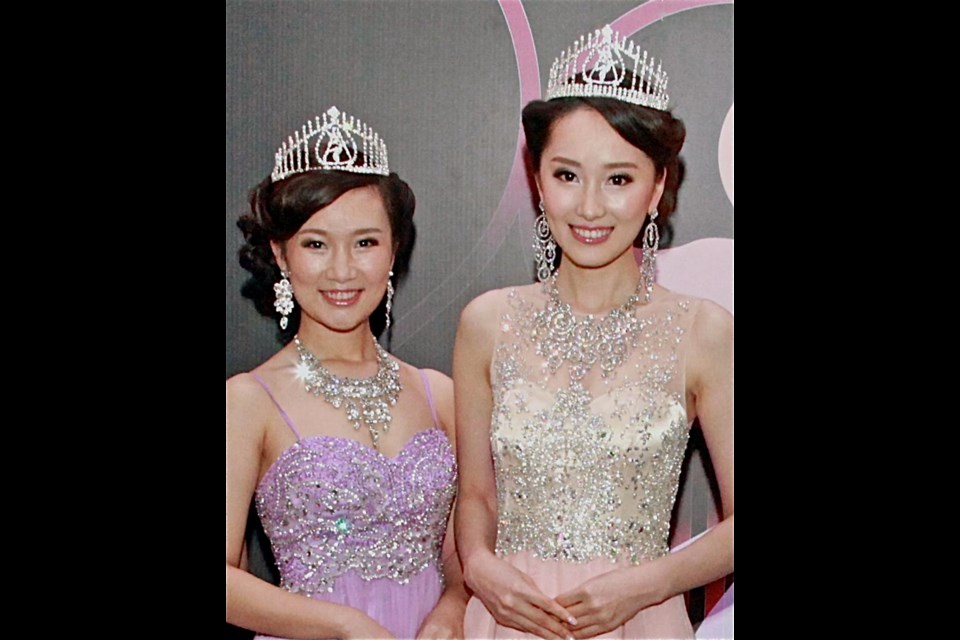 Past pageant winners Jamie Gao, left, and last year’s Miss Chinese Vancouver winner Cindy Zhong greeted gala-goers at the 20th edition staged at the Convention Centre. Zhong was first runner-up at this year’s world competition.