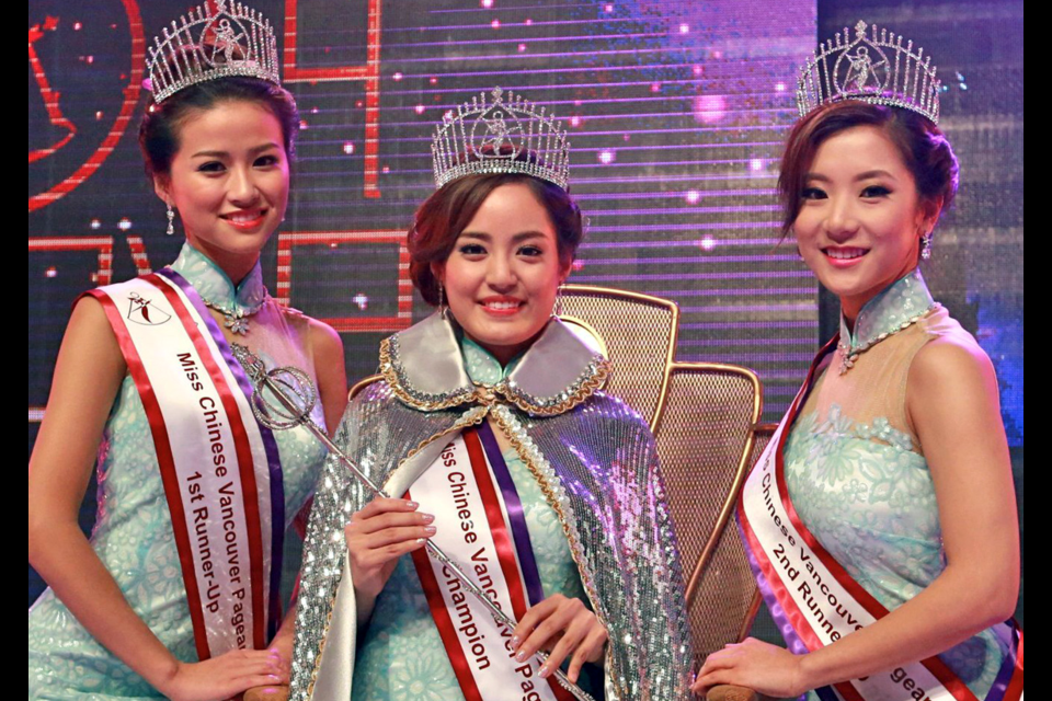 From left, Miss Chinese Vancouver winners: Maggie Wu, first runner-up, reigning beauty queen Erica Chen and Jessica Hsu, second runner-up. Chen will compete at the World Competitions in Hong Kong later this month.