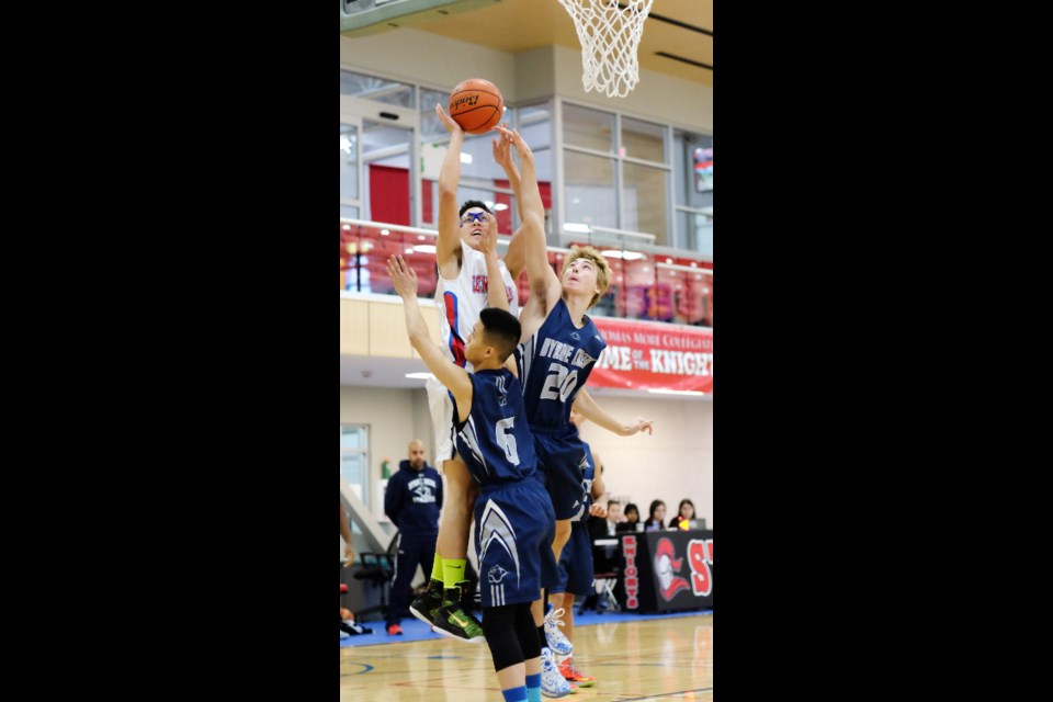 Byrne creek bulldogs vs Centennial at Varsity boys chancellor basketball tournament at SFU