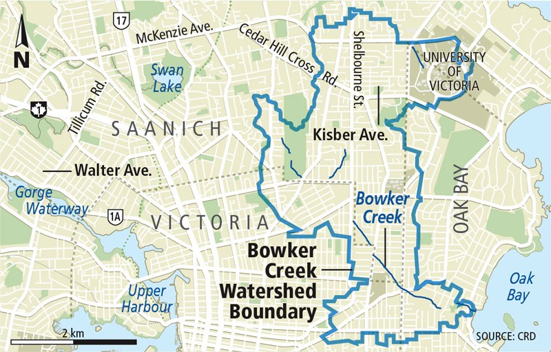 Map of oil spills in Bowker Creek and the Gorge Waterway