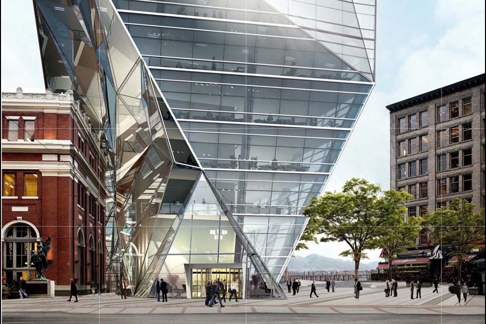 A rendering of the proposed Waterfront Tower at 555 Cordova St., view from Cordova Street.