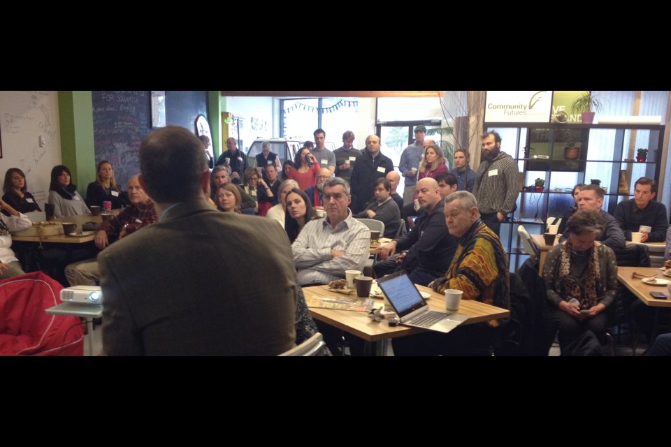 David Crewson, co-founder of Startup Squamish, shown with some of the crowd at the breakfast with the mayor held Friday.