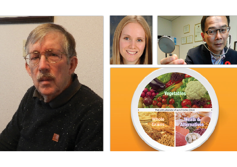 Dr. Richard Mathias, professor emeritus from UBC, left, said society is getting ready to go to battle against the food industry to address obesity issues. Richmond-based dietician Katie Huston, top, centre, advises that no food should be strictly forbidden and urges moderation. Meanwhile, Richmond’s medical health officer, Dr. James Lu, top, right, would like to steer people towards Vancouver Coastal Health’s Healthy Plate Guide, above, which encourages dividing up your diet with a host of varying food sources.