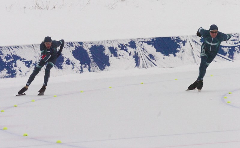 Lyle Dickison and Dave Connell of the PG Blizzard compete in the Master's Men 1,000-metre race at the B.C. Long Track Speedskating Championships Sunday, Jan. 18 at the Outdoor Ice Oval in Prince George. Citizen photo by Andrea Johnson