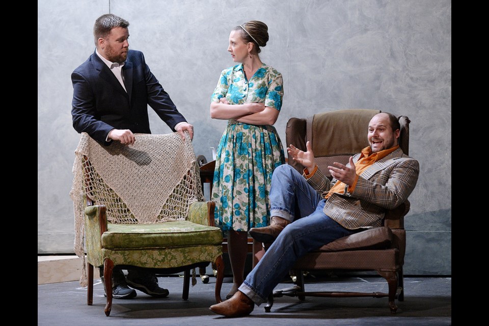 Brian Hoskins, Corrine Out and Richard Wiens in rehearsal for the Vagabond Players production of Go Back For Murder.