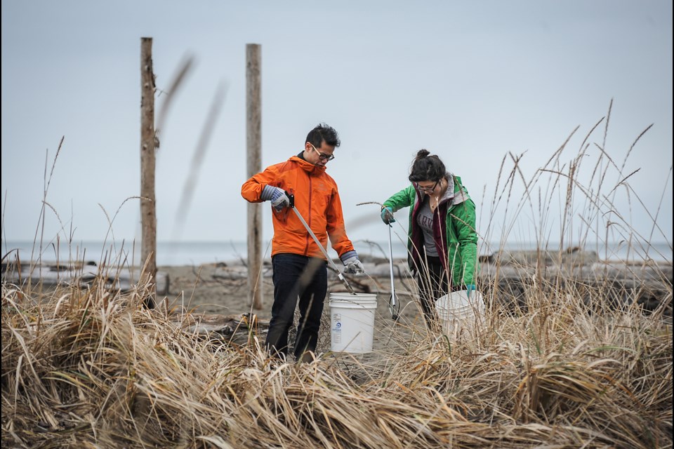 Surfrider Foundation beach clean-up volunteers Anthony Pak and Elisha La comb the grasses on Wreck Beach for garb age. The Vancouver chapter of the foundation holds a beach clean-up in the city once a month. Cigarettes are the most common pieces of trash and 1400 butts were picked up and counted in a two-hour period of Saturday’s clean-up. Photograph by: Rebecca Blissett